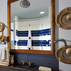 A nautical-themed bathroom with navy blue and white stripes, porthole mirrors, and seashell decor1, Generative AI