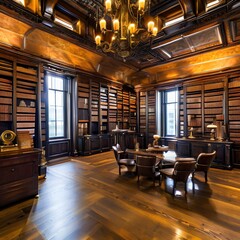 A vintage, steampunk-themed library with leather-bound books, brass fixtures, and antique machinery2, Generative AI
