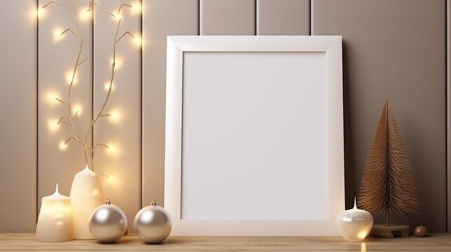 White blank picture frame with Christmas decorations, holidays festive mock up, Generative ai