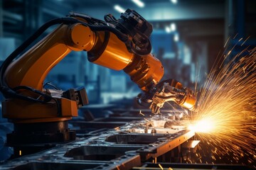 Fototapeta na wymiar Advanced robot arms working in a hi-tech factory welding metals. Generative AI