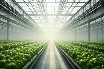 An impressive view of a spacious indoor greenhouse filled with rows of lettuce plants and mist filtering through the glass rooftop. Generative AI - obrazy, fototapety, plakaty