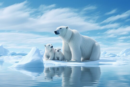 An iceberg hovers over a polar bear family on melting ice. 3D render. Generative AI