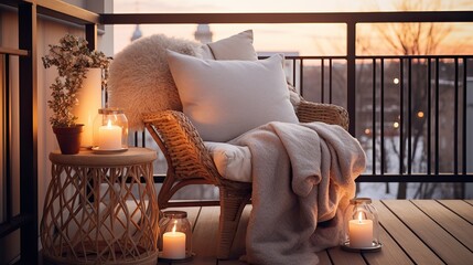 Cosy armchair and candle lights, winter balcony home decor, calm and relax city living mockup arrangement, Generative ai