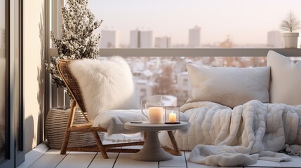 Cosy armchair and candle lights, winter balcony home decor, calm and relax city living mockup arrangement, Generative ai