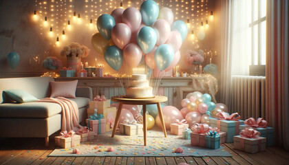 a beautiful outdoor birthday celebration captured in a realistic digital art style. The scene is elegant and whimsical, illuminated by the soft, warm light of the golden hour. 