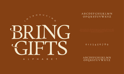 Bringgifts premium luxury elegant alphabet letters and numbers. Elegant wedding typography classic serif font decorative vintage retro. Creative vector illustration