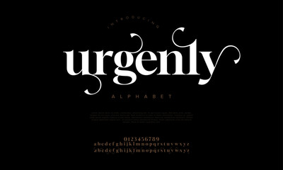 Urgenly premium luxury elegant alphabet letters and numbers. Elegant wedding typography classic serif font decorative vintage retro. Creative vector illustration