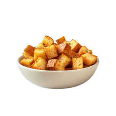 bowl of crispy croutons isolated on white background, ai generated
