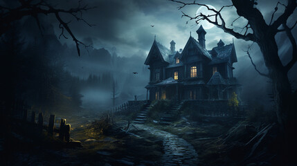 A haunted house at night, moon background, scary, mansion for halloween