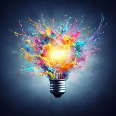 Creative light bulb explodes with colorful paint. New idea concept
