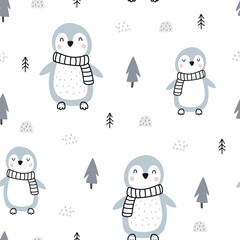 Seamless Christmas pattern with penguins on white background. Hand drawn design in cartoon style. used for decoration Celebration Wallpaper Fabric Textile Vector Illustration