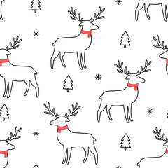 Outline reindeer on white background seamless pattern background. Cartoon style design for winter Christmas party. or Christmas vector illustration