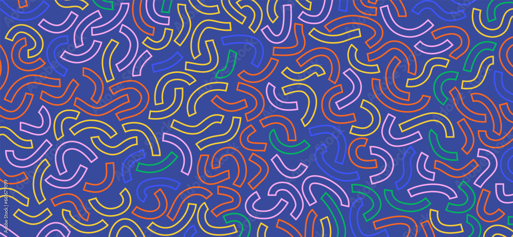 Poster colorful doodle pattern. funny vibrant pattern. colorful outline curved lines isolated on blue backg
