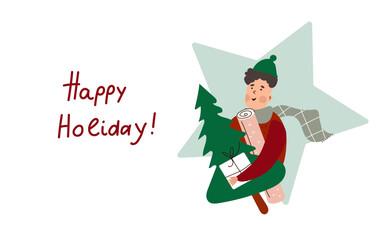Happy Holiday. Fun man holding presents for his family and a new year tree. Vector flat cartoon illustration on white background.
