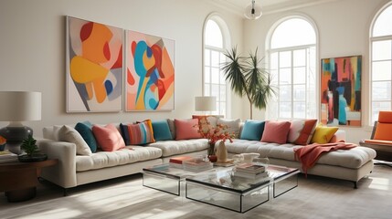 Living room with vibrant, abstract art on display
