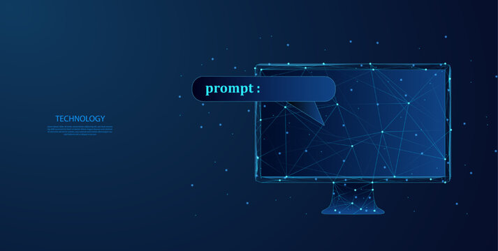 Abstract computer with artificial intelligence prompt bar on dark blue background. Low poly wireframe style technology background.