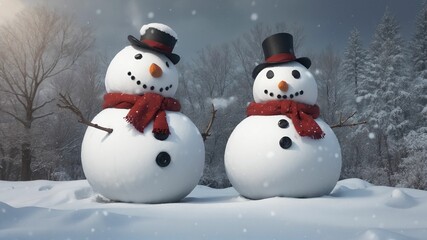 Fototapeta premium two snowmen wearing hats and scarves in the snow with trees in the background