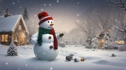 a snowman in a red hat and scarf standing in the snow in front of a house with a christmas tree