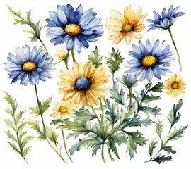 Fototapeta premium Painted Daisy flower with leafs, pastel watercolor drawing