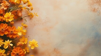 Obraz na płótnie Canvas space for text on textured background surrounded by Marigold flowers from top view, background image, AI generated