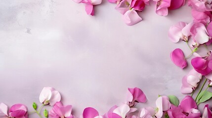 space for text on textured background surrounded by Sweet Pea flowers from top view, background image, AI generated