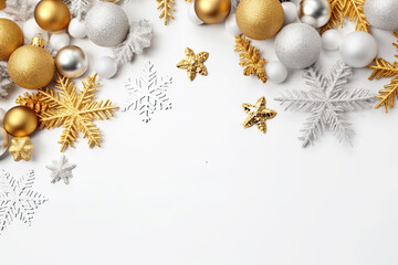 Christmas background. Christmas ornaments, stars and christmas balls on white background