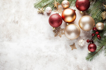 Fototapeta na wymiar Christmas background. Christmas ornaments, stars and christmas balls on white background