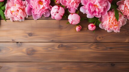 space for text on wooden background surrounded by Peony flowers from top view, background image, AI generated