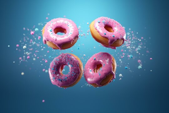 3D rendered donuts flying on a colored background. Generative AI