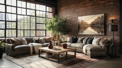 Urban loft living room with exposed beams and brick

