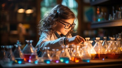 A young scientist observing a chemical reaction's magic 