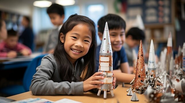 Children assembling intricate model rockets for launch day
