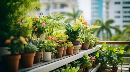 Fototapeta na wymiar Balcony Garden with Potted Plants and City View.