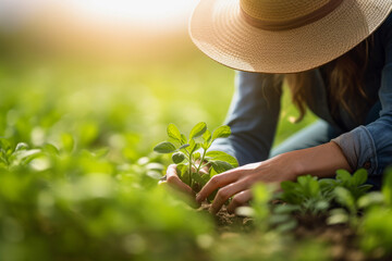 Close up of young woman farmer examining soybean seedlings in background of the farm. Working concept of production and agriculture. - obrazy, fototapety, plakaty