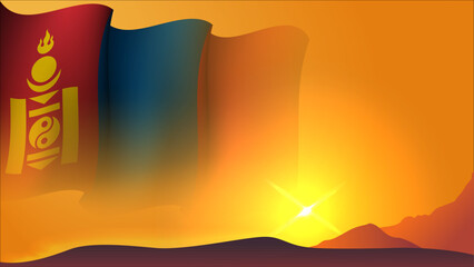 mongolia waving flag background design on sunset view vector illustration