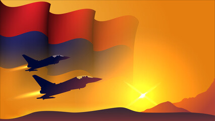 fighter jet plane with armenia waving flag background design with sunset view suitable for national armenia air forces day event