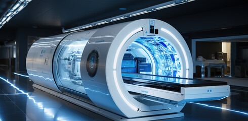 Futuristic, advanced mri or ct scan medical diagnosis machine at hospital lab. Generative AI - obrazy, fototapety, plakaty