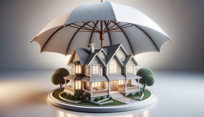 House covered with gray umbrella to protect it from rain and storm and other problems. Concept of home insurance. Ai generative