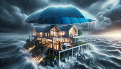 House covered with blue umbrella to protect it from rain and storm. Concept of home insurance. Ai generative - obrazy, fototapety, plakaty