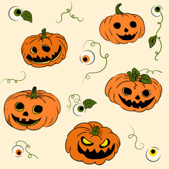 Halloween orange Pumpkin Set. Orange smiling pumpkin face patterns with spooky eye patterns and cute leaves in autumn vectors for hollidays.
