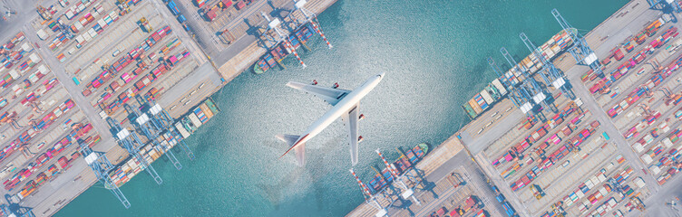 Aerial view Cargo container ship. Business logistic transportation in the ocean ship carrying container,Cargo ship, Cargo container in factory harbor for import-export with copy space for text. - obrazy, fototapety, plakaty