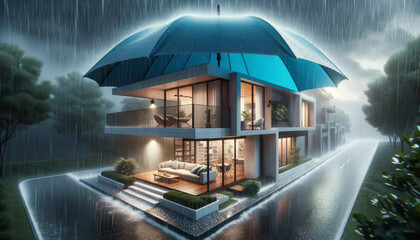 House covered with blue umbrella to protect it from rain and storm. Flood on the streets. Concept of home insurance. Ai generative - obrazy, fototapety, plakaty