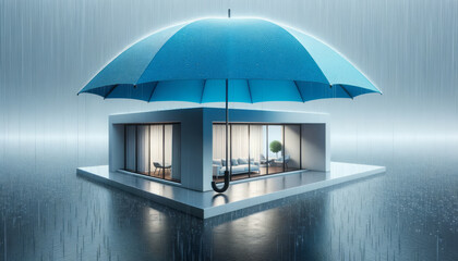 House covered with blue umbrella to protect it from rain and storm. Concept of home insurance. Ai generative - obrazy, fototapety, plakaty