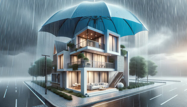 House covered with blue umbrella to protect it from rain and storm. Flood on the streets. Concept of home insurance. Ai generative