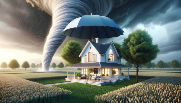 House covered with blue umbrella to protect it from rain and storm. Tornado on background. Concept of home insurance. Ai generative