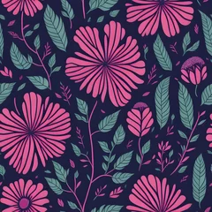 Tuinposter AI Generative illustration seamless decorative elegant pattern with pink purrple flower of pansy. Amazing seamless floral pattern on a dark blue background. Vintage antique watercolor style  © vian