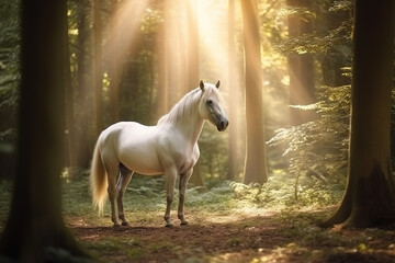 A white horse stands in a beautiful fairytale forest. Generative AI