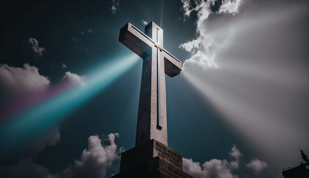 A cross on top of the hill with epic light. Religious christianity symbol