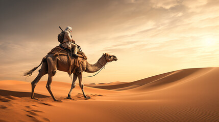 夕焼けの中、砂漠の中でラクダに乗って歩いている男性 - obrazy, fototapety, plakaty