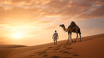夕焼けの中、砂漠の中でラクダと歩いている男性の後ろ姿